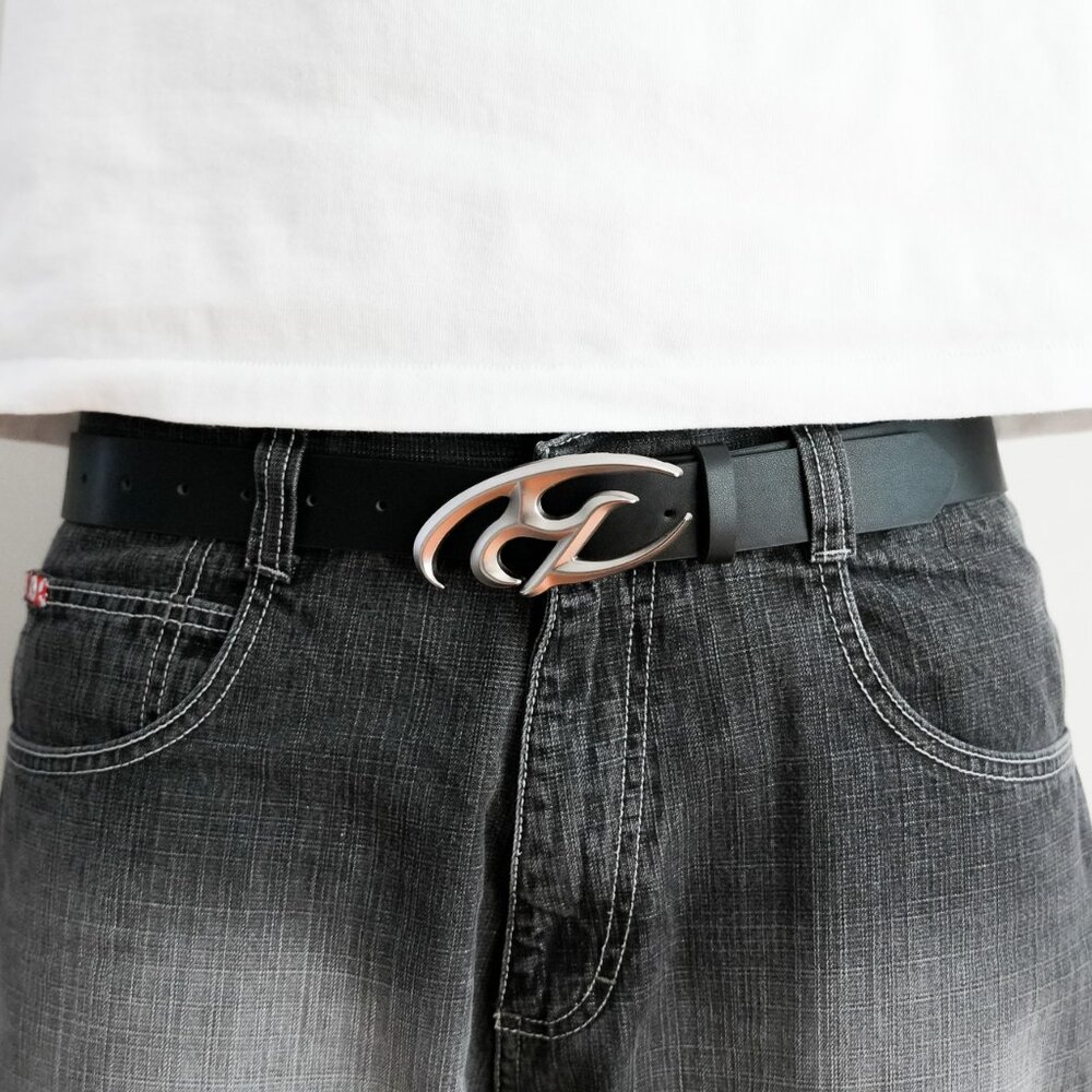 y2k chrome flame buckle black belt — 2000s grunge streetwear style